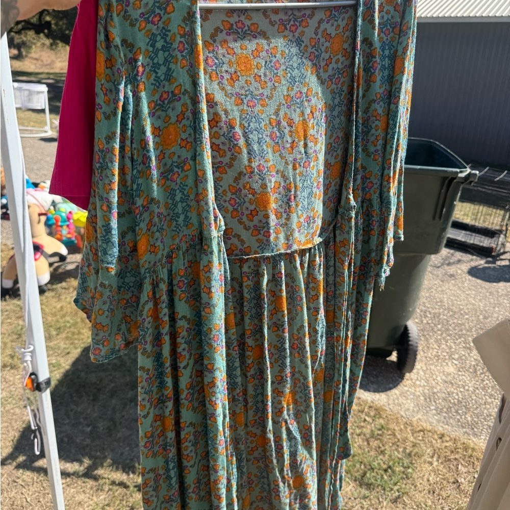 NATURAL LIFE Floral Long Sleeve Dress - Green and Orange
